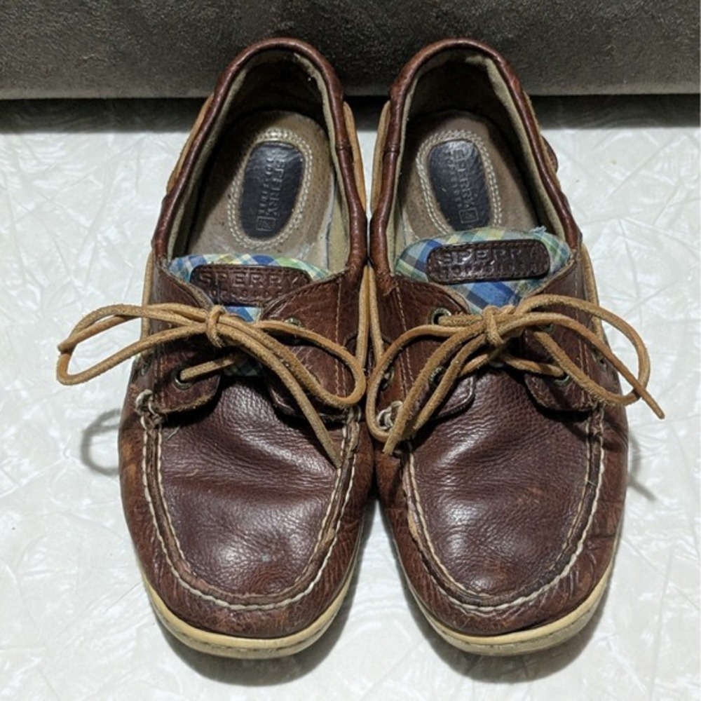 Sperry Top-Sider‎ Womens 8.5M Dark Brown Leather Plaid Boat Shoes Loafers